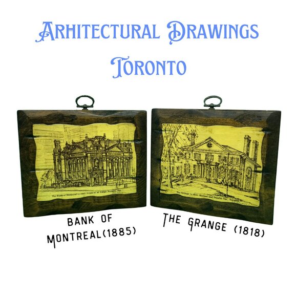 Rare Vintage Toronto Architectural Drawing Art Wall Decor Set of 2 4x6 Signed - Picture 1 of 15
